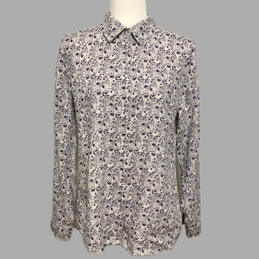Purple Floral 100% Linen Long Sleeve Button Up Collared Shirt Medium